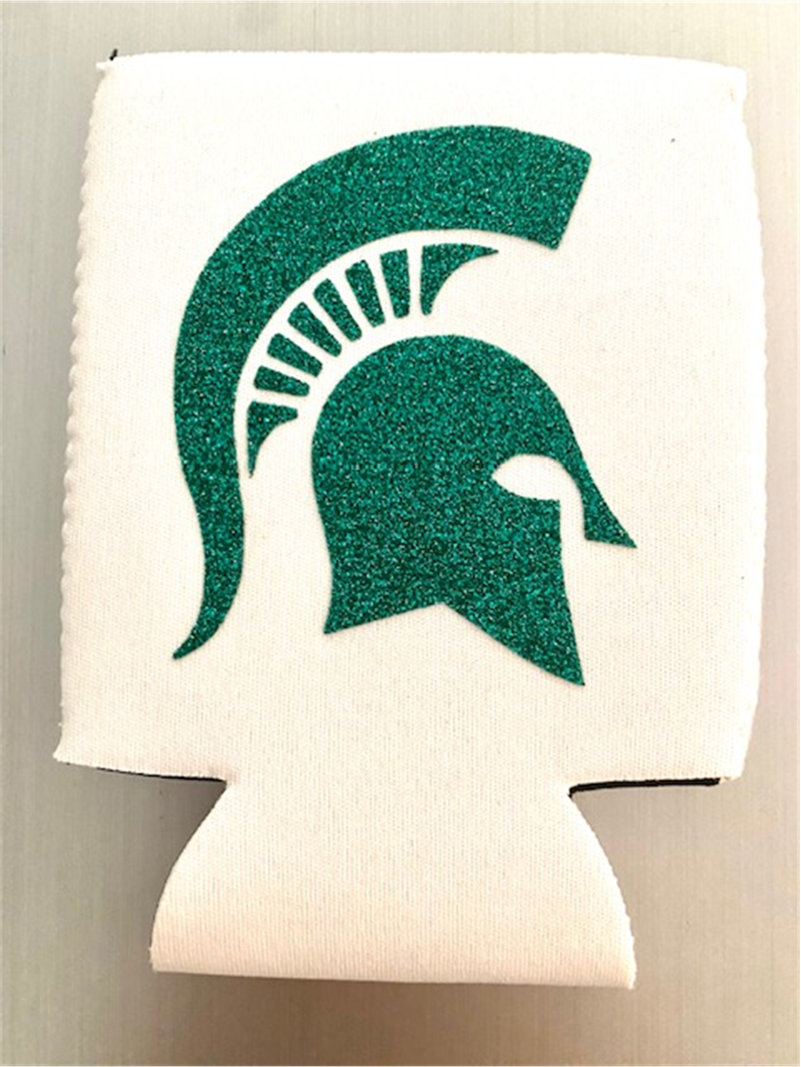White Coozie with Green Glitter Spartan Head